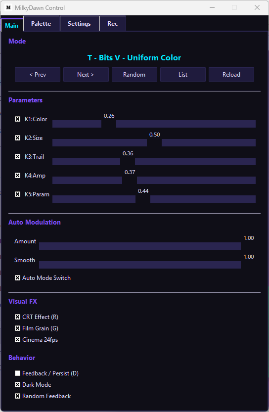 MilkyDawn Control Panel — Main Tab