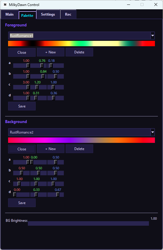 MilkyDawn Control Panel — Palette Tab