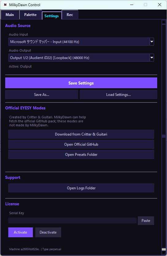 MilkyDawn Control Panel — Settings Tab