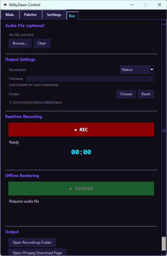 MilkyDawn Control Panel — Rec Tab